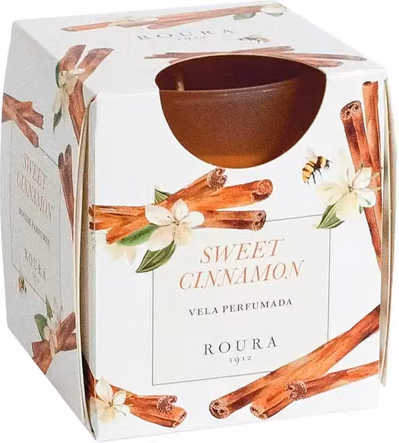 Vela de tipo pilar Ceras Roura con vaso de cristal, aroma canela y color marrón, Diámetro: 7 cm, Altura: 8,5 cm