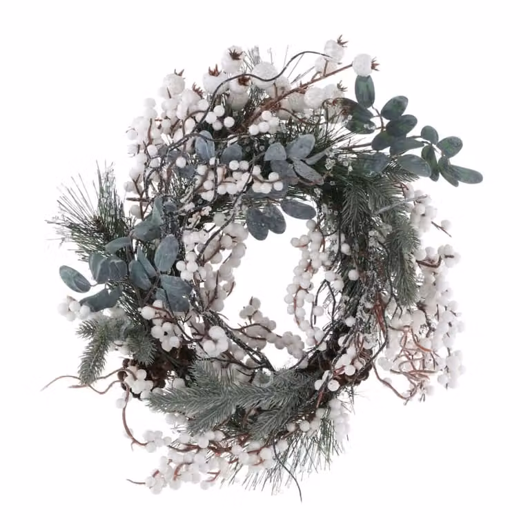 Corona decorativa colgante de hojas de House of Seasons en verde, blanco y plata, An/P/Al: 40 x 40 x 10 cm