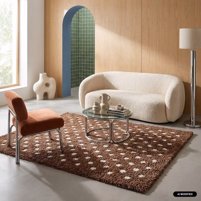 Alfombra interior moderna Sweeek con lunares en marrón y beige, rectangular, An/P/Al: 76,2 x 80 x 1 cm