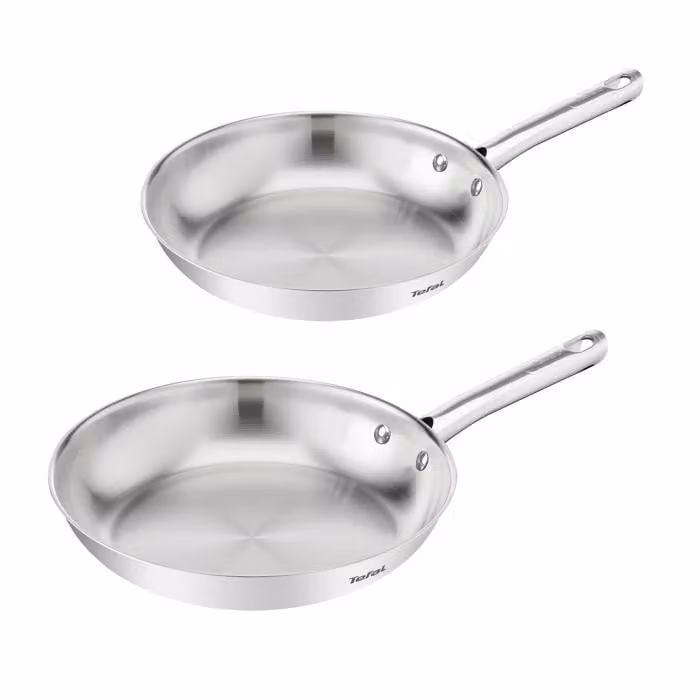 Set de 2 sartenes Tefal Duetto On de acero inoxidable y antiadherente en color plata para inducción, diámetros de 24 cm y 28 cm