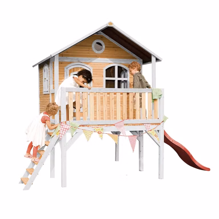 Casita de juegos infantil Axi con tobogán en madera, colores marrón, blanco, rojo y verde