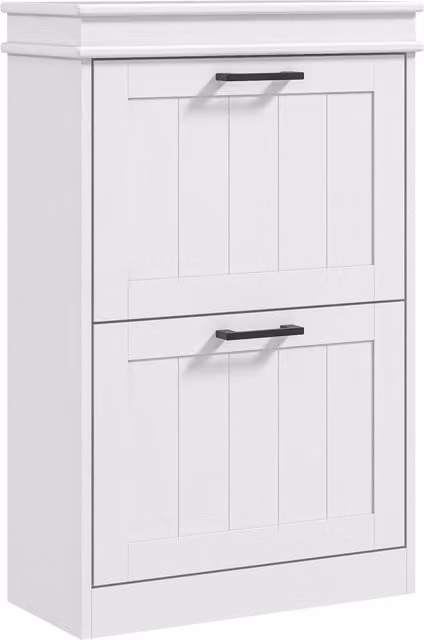Zapatero estrecho HOMCOM con 2 cajones abatibles y estantes internos para 10 pares, color blanco mate
