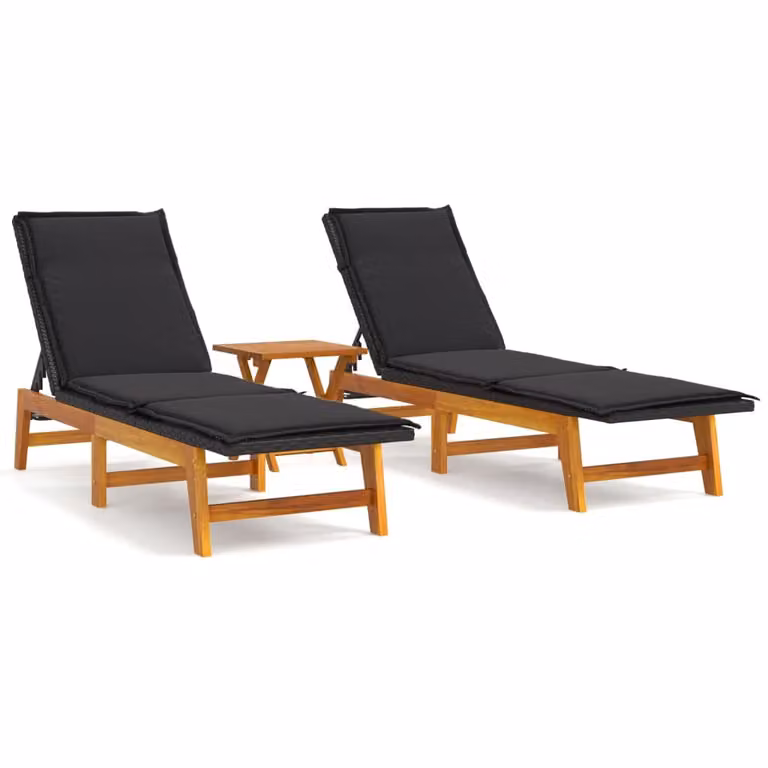 Set de muebles de jardín Syfax de 3 piezas en madera de acacia aceitada y ratán con tapicería en marrón y negro