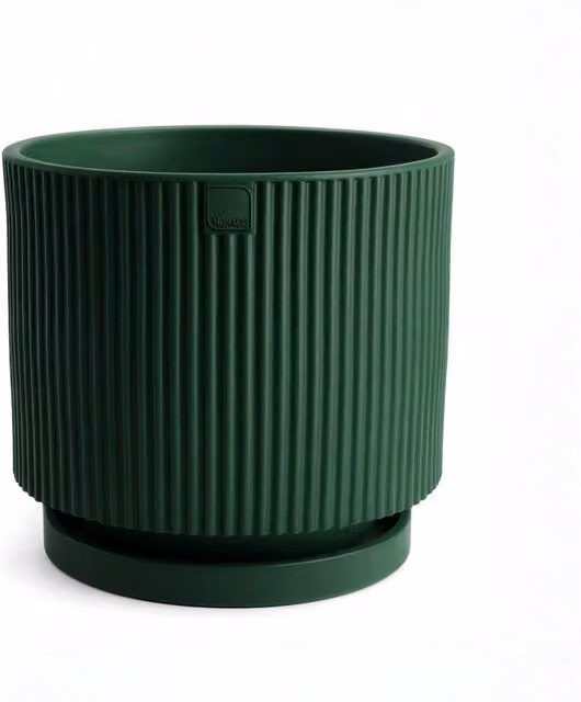 Jarrón de diseño moderno Monacis de color verde, forma redonda y estilo geométrico, fabricado en polímero resistente para interiores y exteriores, Diámetro: 40 cm, Altura: 36 cm