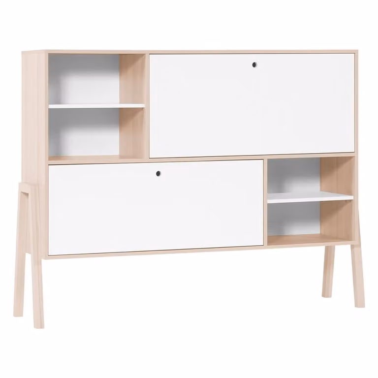 Aparador de estilo escandinavo Calicosy con 2 puertas abatibles en color blanco y beige