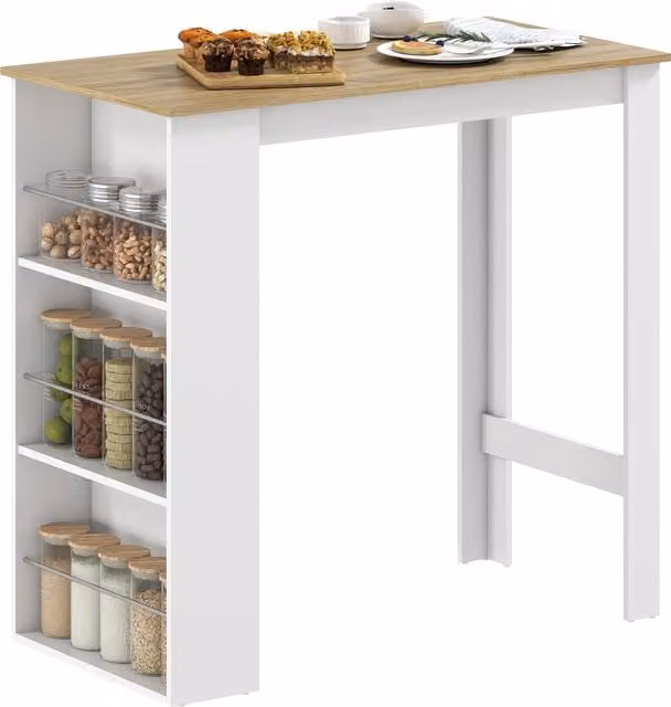 Mesa alta de bar HOMCOM con estantes laterales y estructura de madera en color blanco, An/P/Al: 112 x 57 x 106 cm