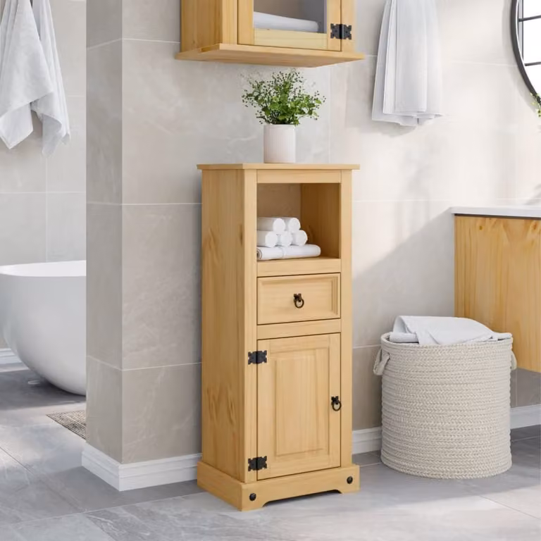 Armario de baño Prolenta de madera maciza de pino color marrón con puertas batientes y estantes internos, An/P/Al: 45 x 33 x 110 cm