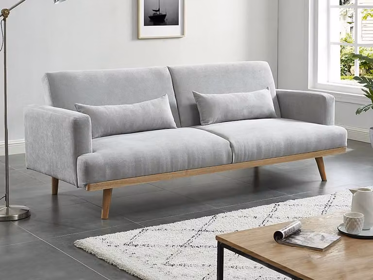 Sofá cama de 3 plazas ESME de estilo escandinavo en tela gris con sistema click-clack y estructura de madera sólida, An/P/Al: 216 x 85 x 89 cm