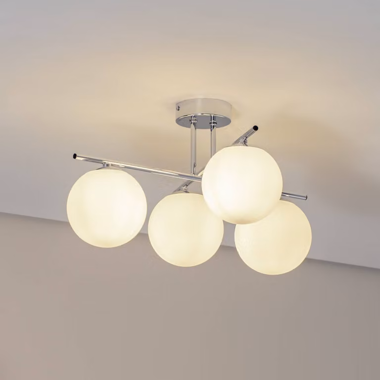 Lámpara de techo Aurora de Domiluce, atenuable, en cromo, plata y blanco con acabado de vidrio y metal para salón o comedor