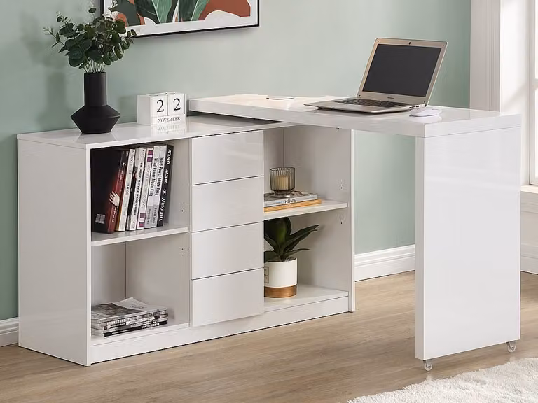 Escritorio de esquina extensible con tablero giratorio 360 grados PAVELO en blanco lacado de MDF