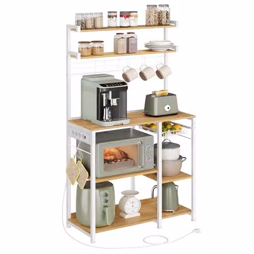Estantería de cocina VASAGLE con soporte para microondas, estantes ajustables y 4 tomas de corriente, color roble y blanco, An/P/Al: 40 x 19,2 x 165,5 cm