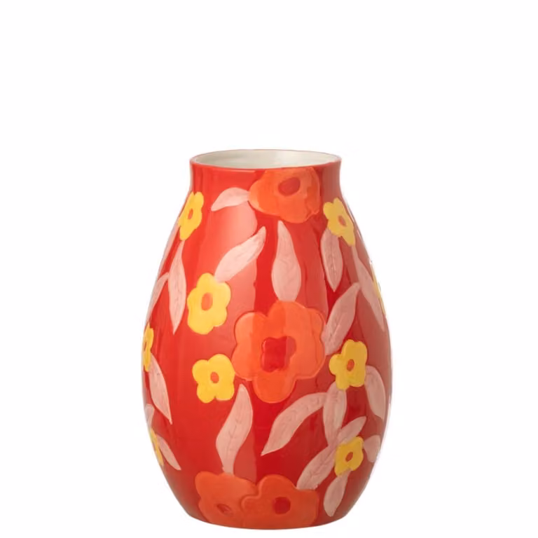 Jarrón de cerámica redondo J-line con diseño floral multicolor y rojo, An/P/Al: 19,5 x 19,5 x 28 cm
