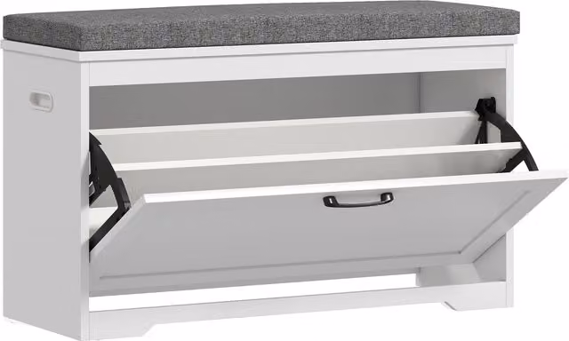 Banco zapatero moderno HOMCOM con asiento acolchado y estante para 8 pares de zapatos, color blanco y gris, An/P/Al: 80 x 30 x 50 cm