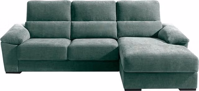 Sofá Cloud de El Corte Inglés de 5 plazas con chaiselongue derecha, tapizado en tela verde y arcón de almacenaje