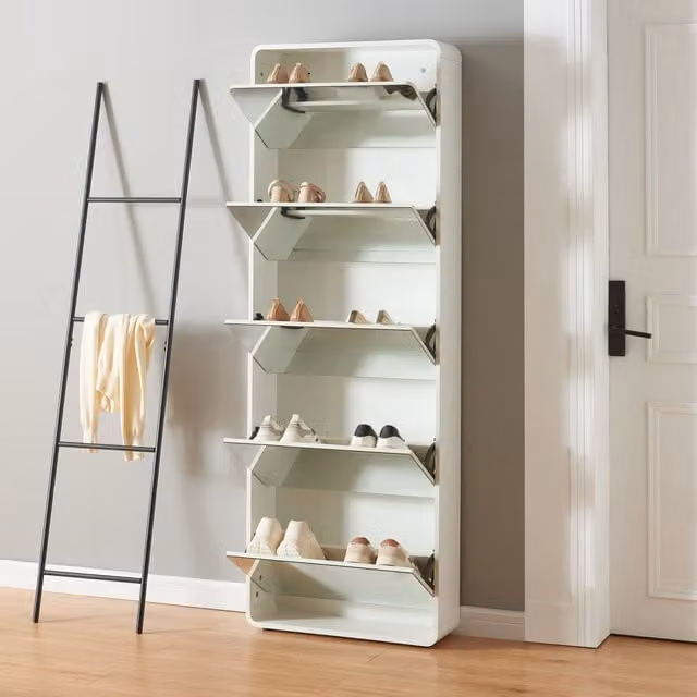 Armario Zapatero Aure de en.casa con 5 Puertas Abatibles y Espejo, Blanco, An: 180 cm, Al: 63 cm, P: 20 cm