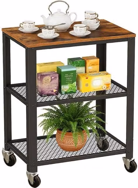 Carro de cocina de 3 niveles con ruedas relaxdays, diseño industrial en metal negro y efecto madera, An/P/Al: 77,5 x 60 x 40 cm