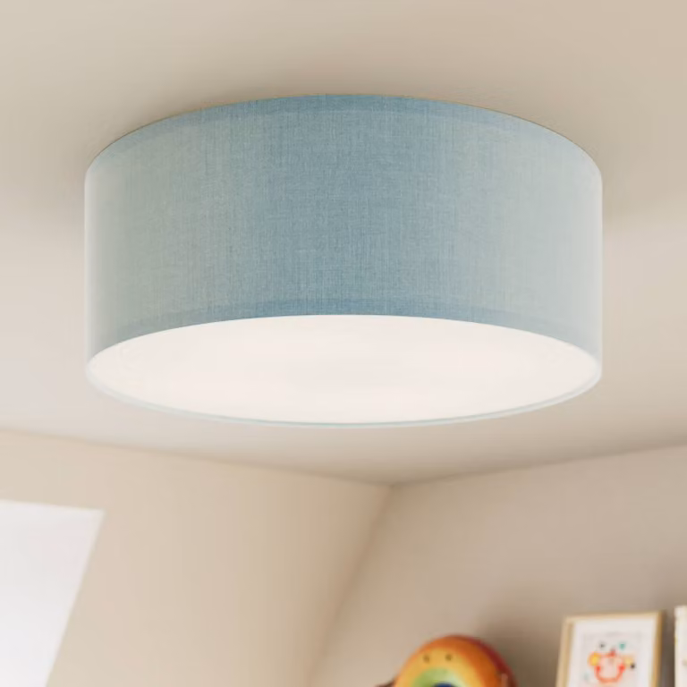Plafón de techo Rondo Kids TK Lighting, diseño moderno en azul y blanco con acabado textil y metálico, atenuable para cuarto de niños