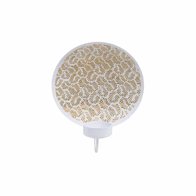 Portavelas decorativo moderno Sia Deco de metal con diseño floral en color dorado y blanco, redondo y para montaje en pared, Diámetro: 17 cm