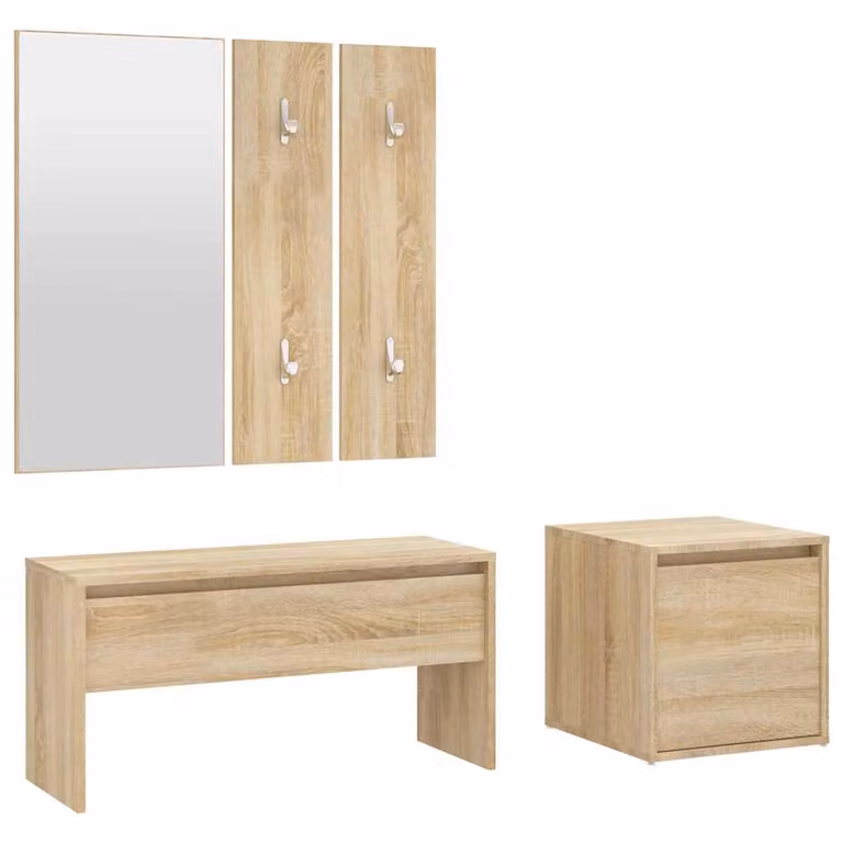 Set de muebles de recibidor vidaXL de madera contrachapada con banco, espejo y estante de pared en color roble y acabado mate