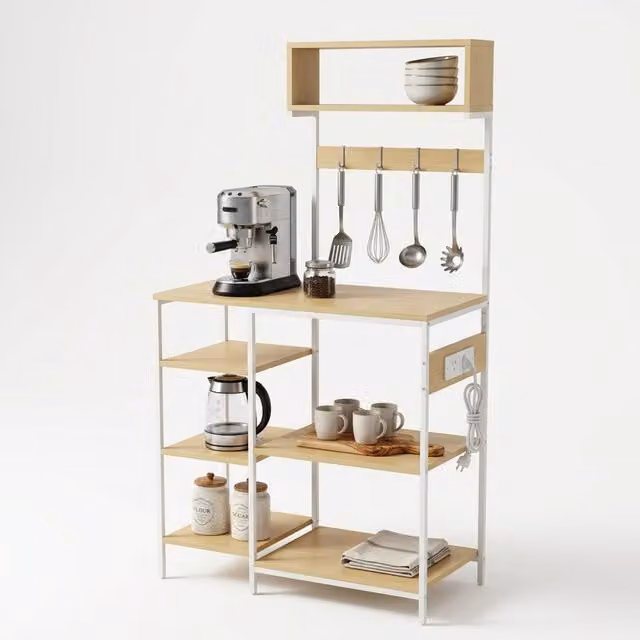 Estantería de cocina Relaxdays con enchufe y USB para microondas, diseño industrial en madera y metal, color natural y blanco, An/P/Al: 151 x 40 x 82 cm
