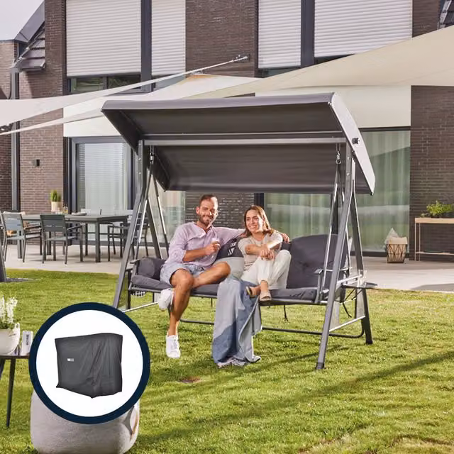Columpio Hollywood Home Deluxe de 3 plazas con toldo y funda protectora en color gris, An/P/Al: 115 x 198 cm
