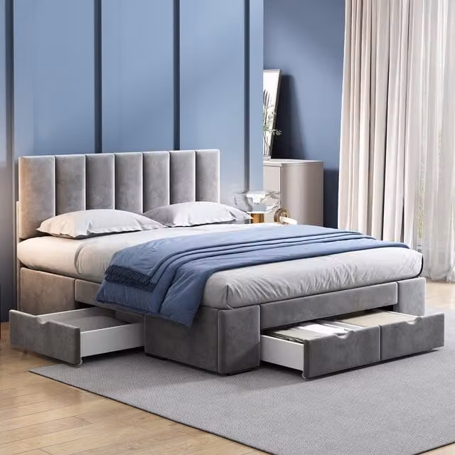 Cama doble con 4 cajones y cabecero acolchado regulable Modenvie en terciopelo gris An/P/Al: 140 x 200 x 45 cm