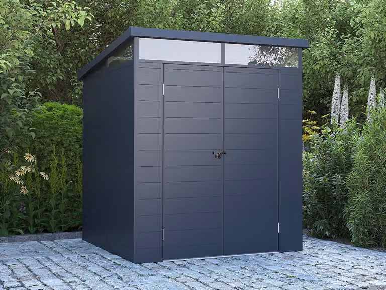 Caseta de jardín de resina VENTE-UNIQUE con suelo y doble puerta, color gris antracita, 3,65 m²