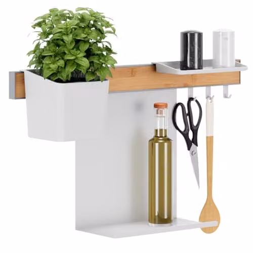 Set Organizador de Cocina tesa con Riel Autoadhesivo, Maceta para Hierbas, 2 Repisas y Barra con 3 Ganchos en Bambú y Blanco