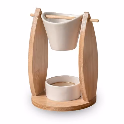 Quemador de perfume Zen'Aroma de bambú y cerámica blanca para aceites esenciales y velas tealight, Altura: 15 cm