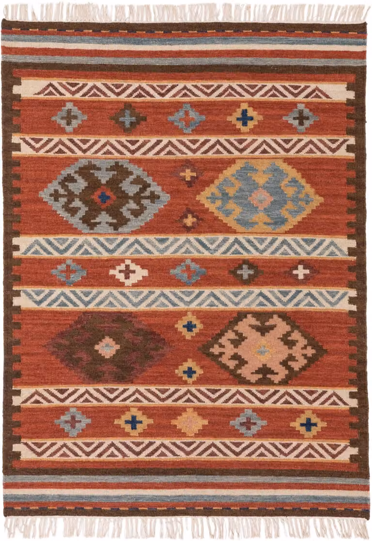 Alfombra Kilim Benuta tejida a mano multicolor y rojo de lana y algodón An/P: 120 x 170 cm