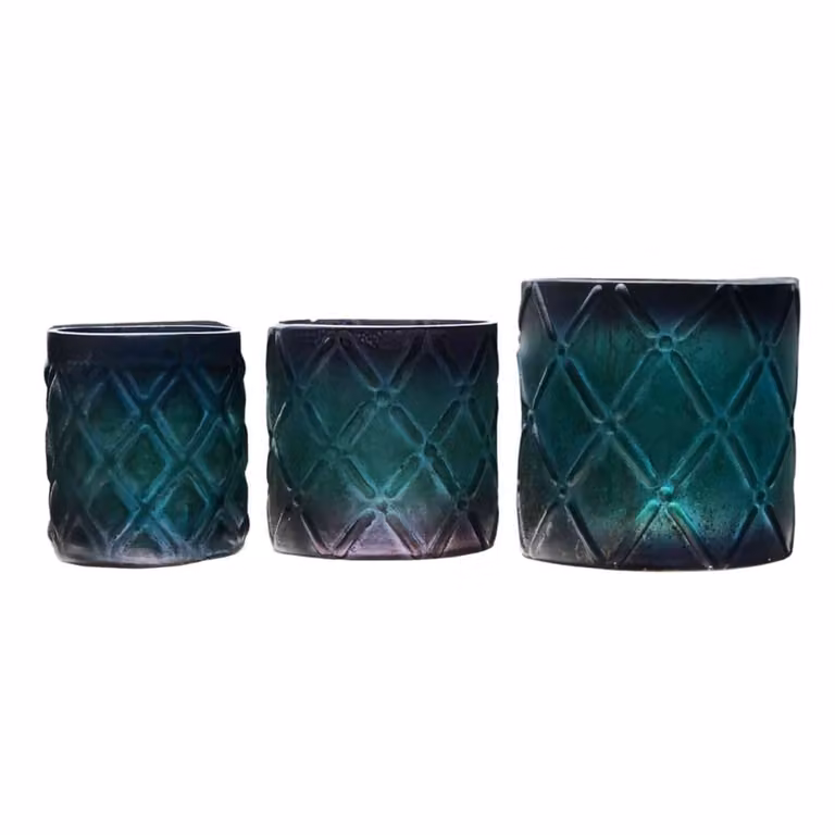 Juego de 3 portavelas tealight de cristal grabado verde con diseño geométrico redondo de Decoclico