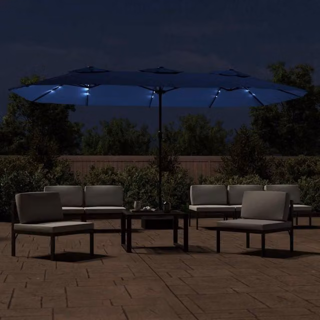 Sombrilla doble de jardín SYFAX con luces LED en color azul y gris, fabricada en poliéster y acero, An/P/Al: 449 x 265 x 245 cm