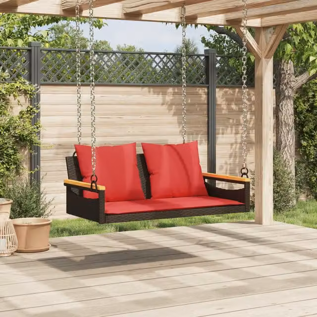 Banco columpio SYFAX de ratán sintético y madera de acacia con cojines en color marrón, An/P/Al: 109 x 62 x 40 cm