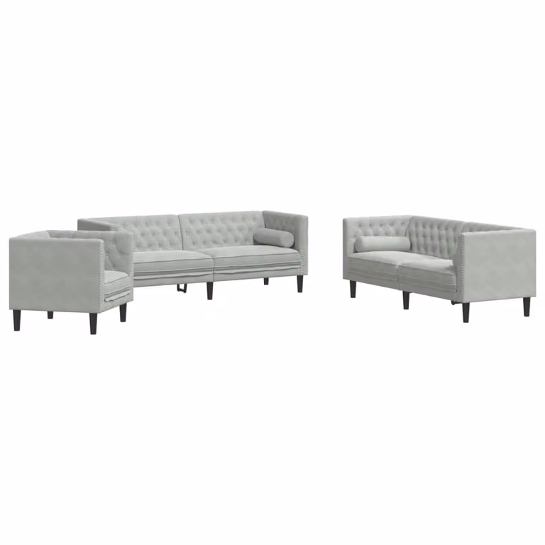 Set de sofás Chesterfield vidaXL de 3 piezas en terciopelo gris claro con cojines para salón