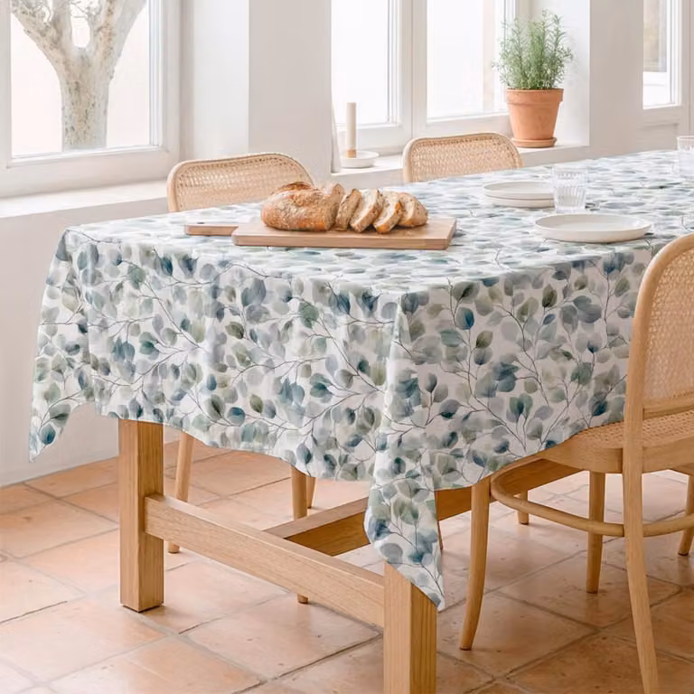 Mantel antimanchas de algodón con diseño floral de hojas en tonos verde y azul, An/P: 155 x 250 cm