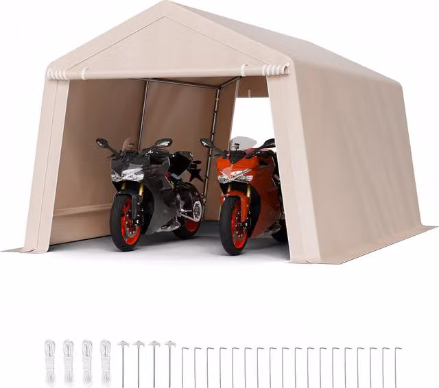 Cobertizo de almacenamiento portátil VEVOR para exteriores con estructura resistente y puertas enrollables, ideal para garaje de motocicleta, cortacésped o herramientas, disponible en beige o gris