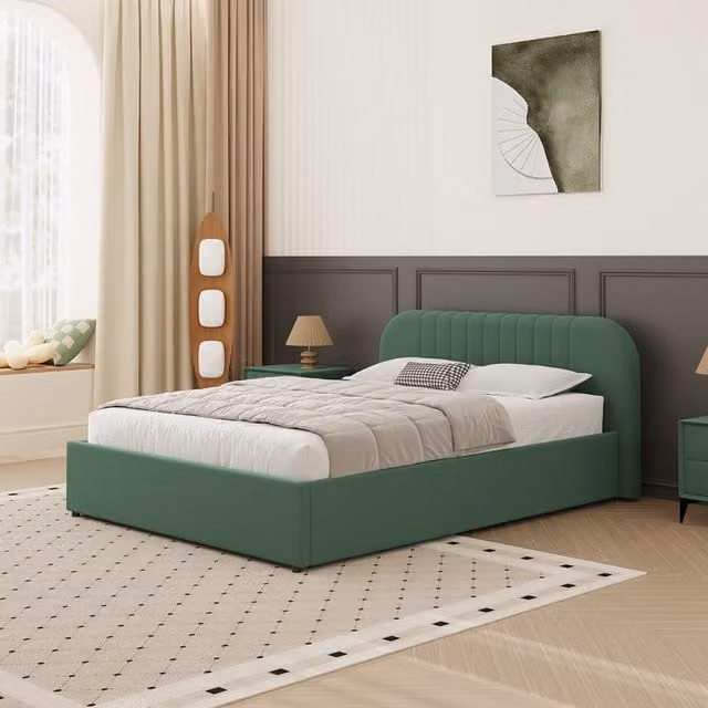 Cama con baúl de almacenamiento Concept Usine en terciopelo verde de 140 x 190 cm