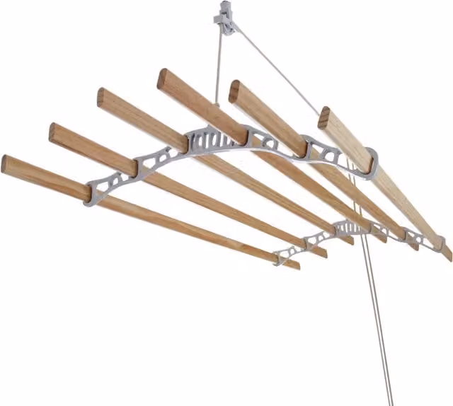 Tendedero de techo colgante Monstershop con sistema de poleas, 6 listones de madera y color blanco