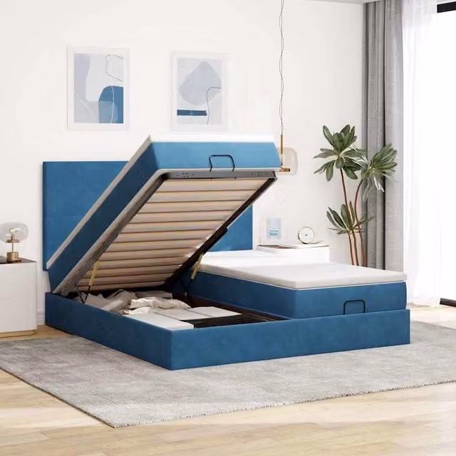 Estructura de cama otomana Maison Exclusive en terciopelo azul oscuro con base abatible, An/P/Al: 180 x 200 x 28 cm