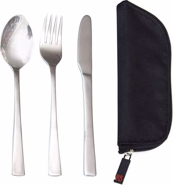 Set de 3 cubiertos de acero inoxidable Iris Barcelona con funda de transporte en color plata y negro
