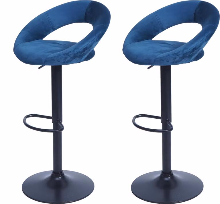 Juego de 2 taburetes de bar Mendler HWC-F46 tapizados en terciopelo color azul petróleo con estructura de metal negro