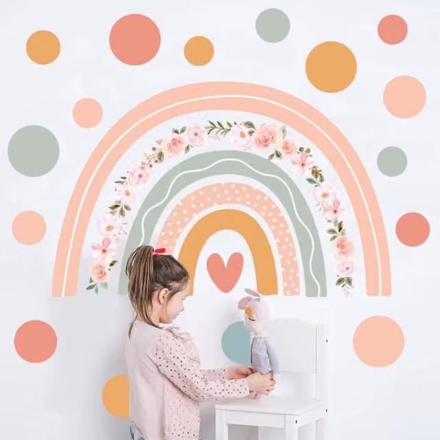 Vinilos decorativos adhesivos DPZO con diseño de arcoíris, lunares y flores en colores rosa y multicolor para decoración de habitaciones infantiles y guarderías