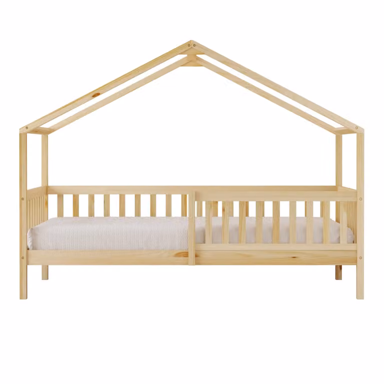Cama cabaña Sunny de madera de pino para niños con barrera de seguridad y zona de juego, color beige, An/P/Al: 90 x 200 x 156,5 cm