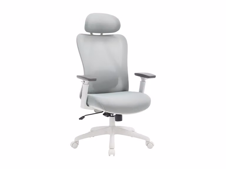 Sillón de oficina ergonómico SORLITA con reposacabezas, altura ajustable y ruedas en tela gris y blanco