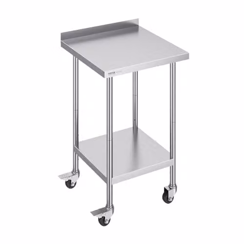 Mesa de trabajo de acero inoxidable VEVOR con estante ajustable y 4 ruedas, color plata, An/P/Al: 61 x 61 x 100,56 cm