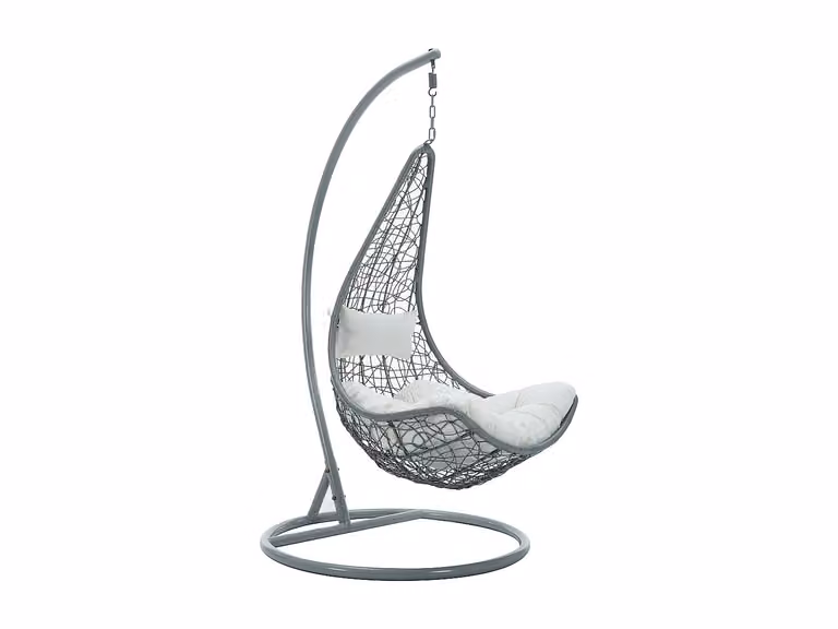 Sillón colgante de ratán trenzado OROSI de MYLIA en gris claro con cojines blancos, An/P/Al: 105 x 105 x 197 cm