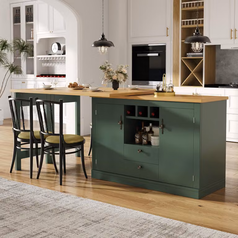 Mesa de bar extensible MODFU con superficie giratoria de 360 grados, isla de cocina con cajones y almacenamiento, color verde antiguo, An/P/Al: 60 x 40 x 76 cm