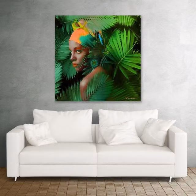 Lienzo de decoración ADM HOME DECORATION con ilustración de mujer y palmera en colores verde y naranja, formato cuadrado, An/Al: 80 x 80 cm