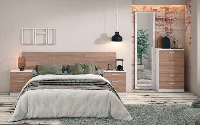 Pack de dormitorio completo MEYVASER de estilo moderno con cabecero de 220 cm, 2 mesitas de noche de 3 cajones y sinfonier de 5 cajones en color andersen y gris