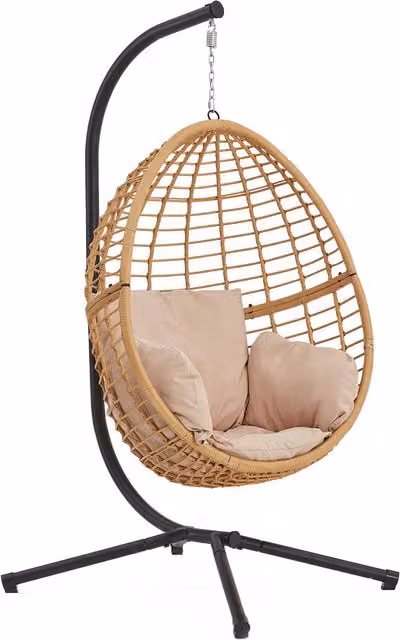 Sillón colgante tipo huevo Concept-usine de resina trenzada estilo ratán con estructura de acero y cojines, beige y negro, An/P/Al: 106 x 94 x 196 cm